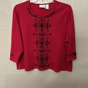 alfred dunner 3X Petite Red Cotton Top‎ With Black Beaded Details